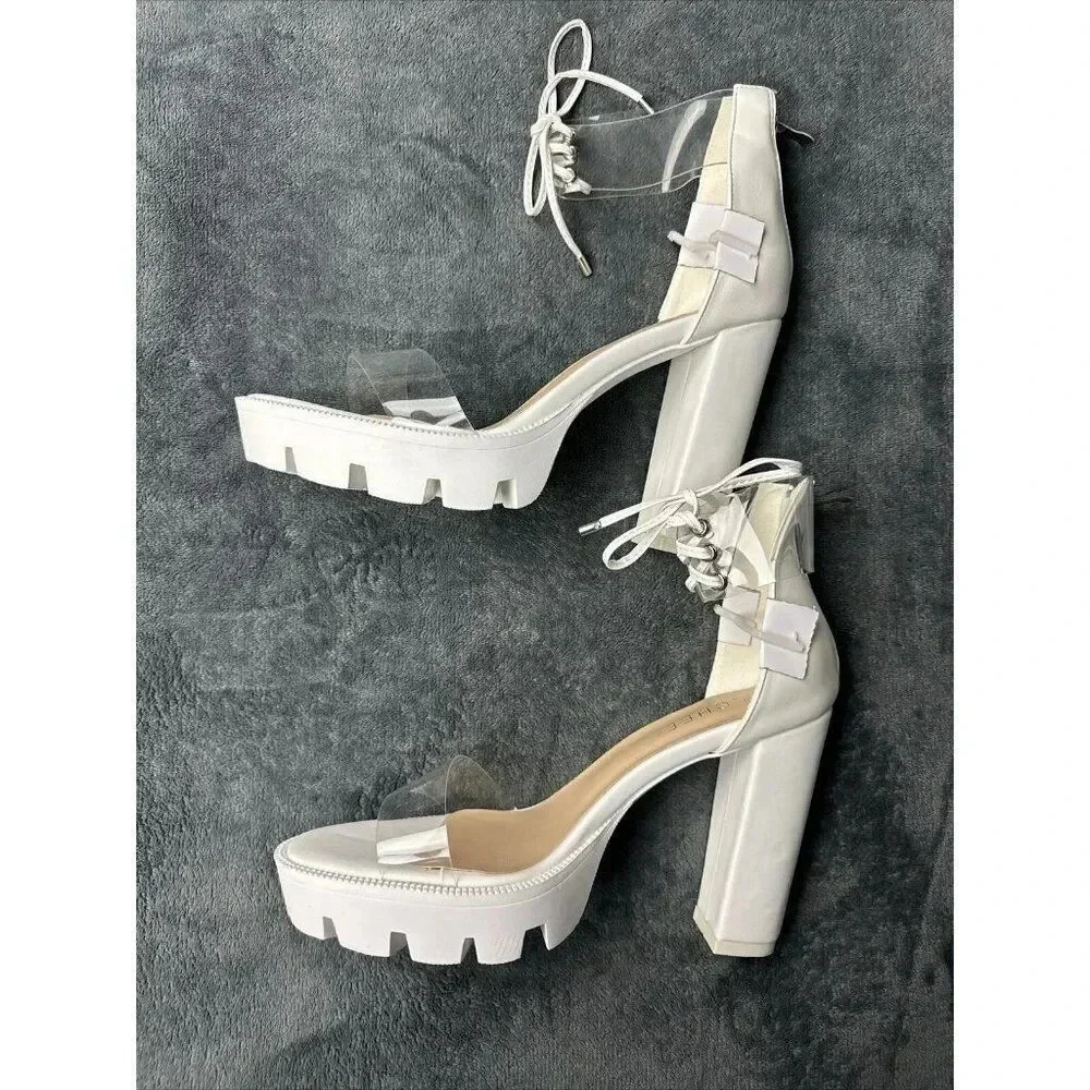 OLCHEE Women's Clear Ankle Strap Platform Sandals - Transparent Lace High Heels